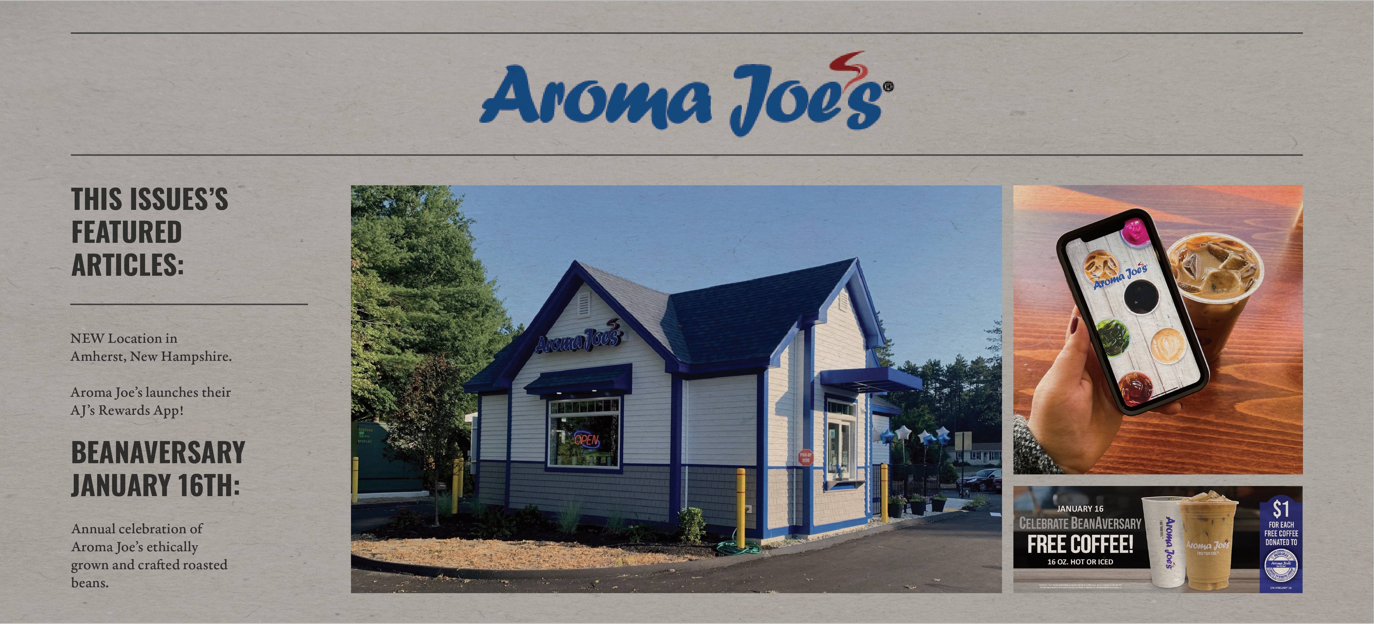 Different images on a collage that depicts news and events at Aroma Joe’s.
