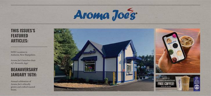 Different images on a collage that depicts news and events at Aroma Joe’s.