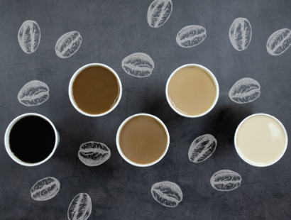 An aerial view of five different types of coffees brewed by Aroma Joe’s